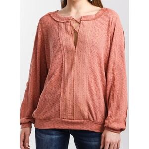 Daytrip Womens Textured Rib Knit Strappy Split Neck Lace Dusty Rose‎ Top S